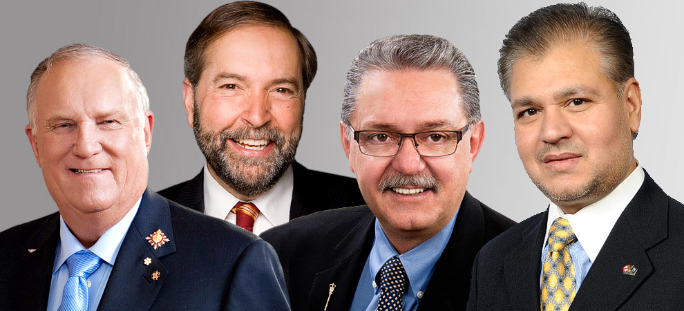 (ltr) Donald S. Ethell, Lieutenant Governor of Alberta; Gene Zwozdesky, Speaker of the Legislative Assembly of Alberta; Thomas Mulcair, Leader of the Official Opposition; Sohail Quadri, Legislative Secretary to the Premier